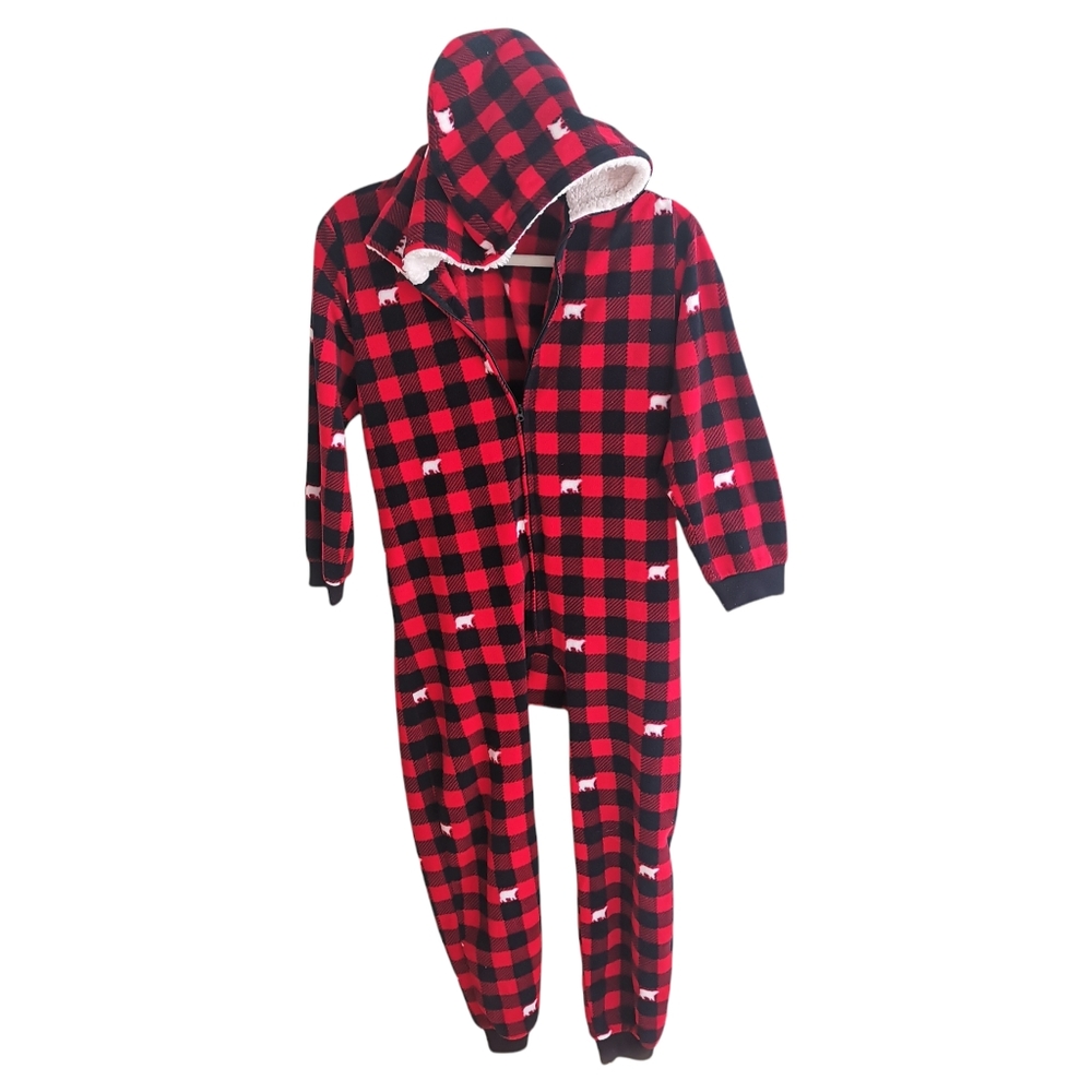 Children's Place Hooded Fleece Plaid Kids Onesie Size Large 10/12 Buffalo Check - Picture 2 of 5